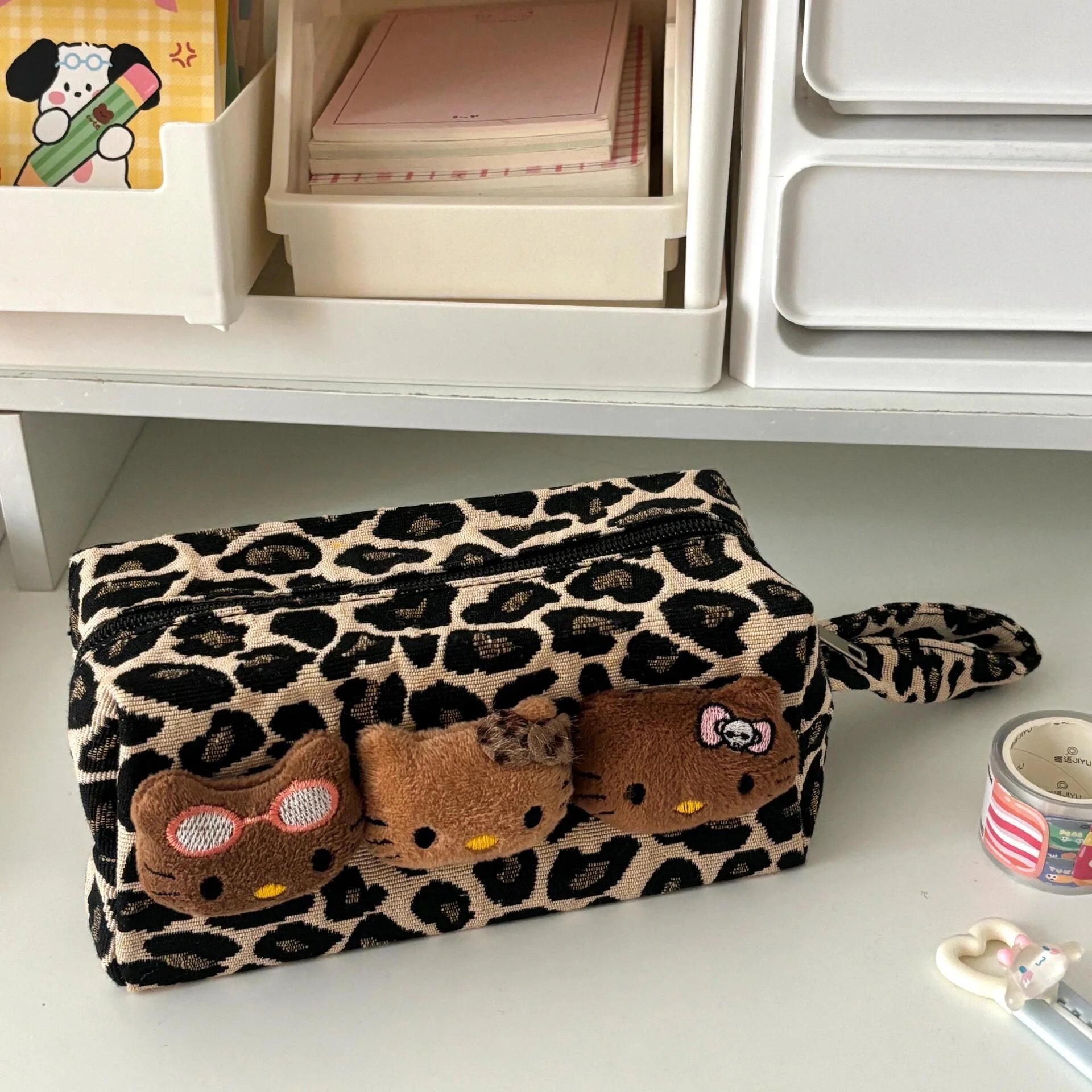 Hello Kitty Leopard Black Leather Makeup Bag Large Capacity Travel Pouch