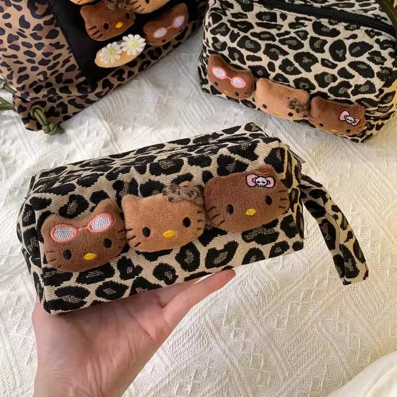 Hello Kitty Leopard Black Leather Makeup Bag Large Capacity Travel Pouch