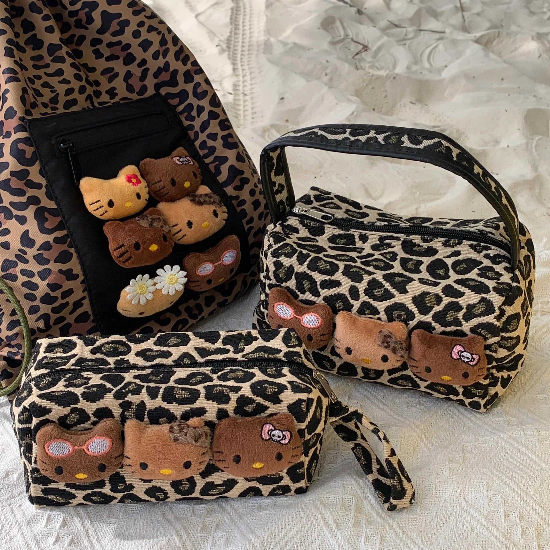 Hello Kitty Leopard Black Leather Makeup Bag Large Capacity Travel Pouch