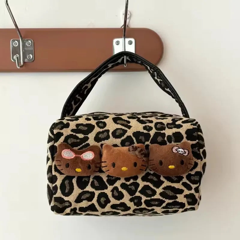 Hello Kitty Leopard Black Leather Makeup Bag Large Capacity Travel Pouch