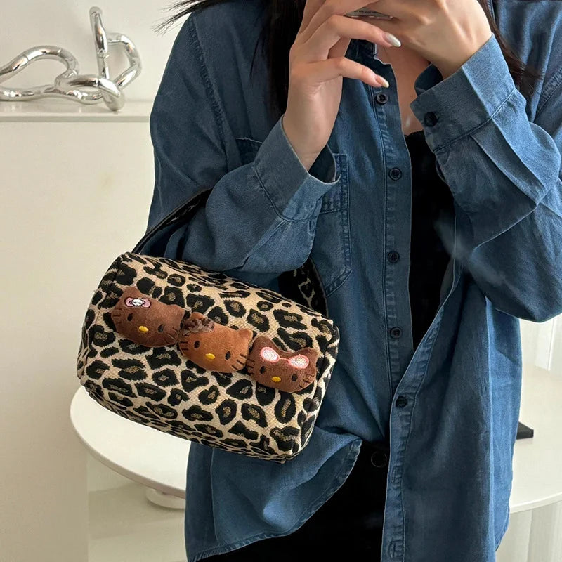 Hello Kitty Leopard Black Leather Makeup Bag Large Capacity Travel Pouch
