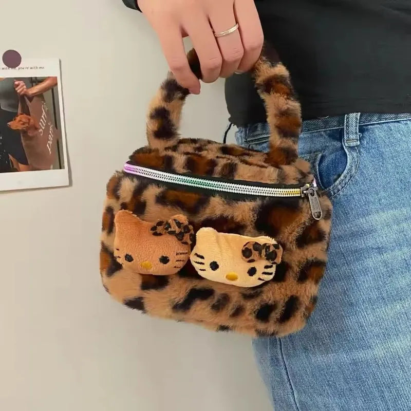 Hello Kitty Leopard Black Leather Makeup Bag Large Capacity Travel Pouch