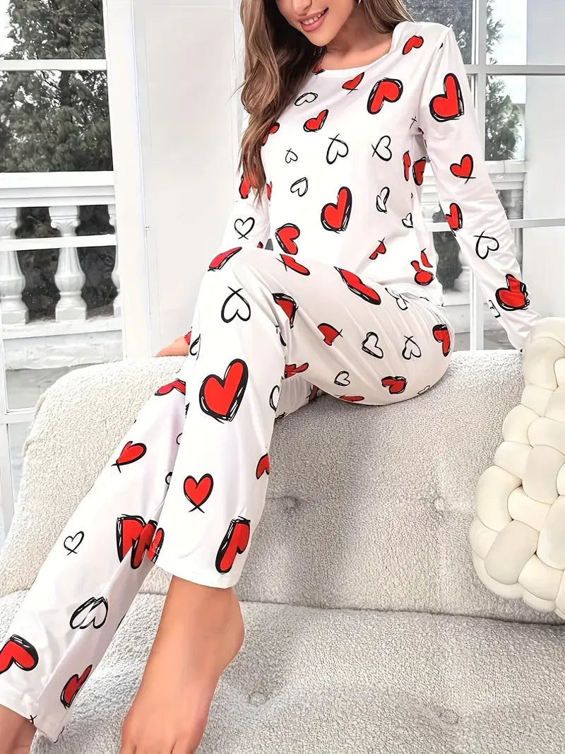 Cozy Women Heart Pajama Set Winter Sleepwear