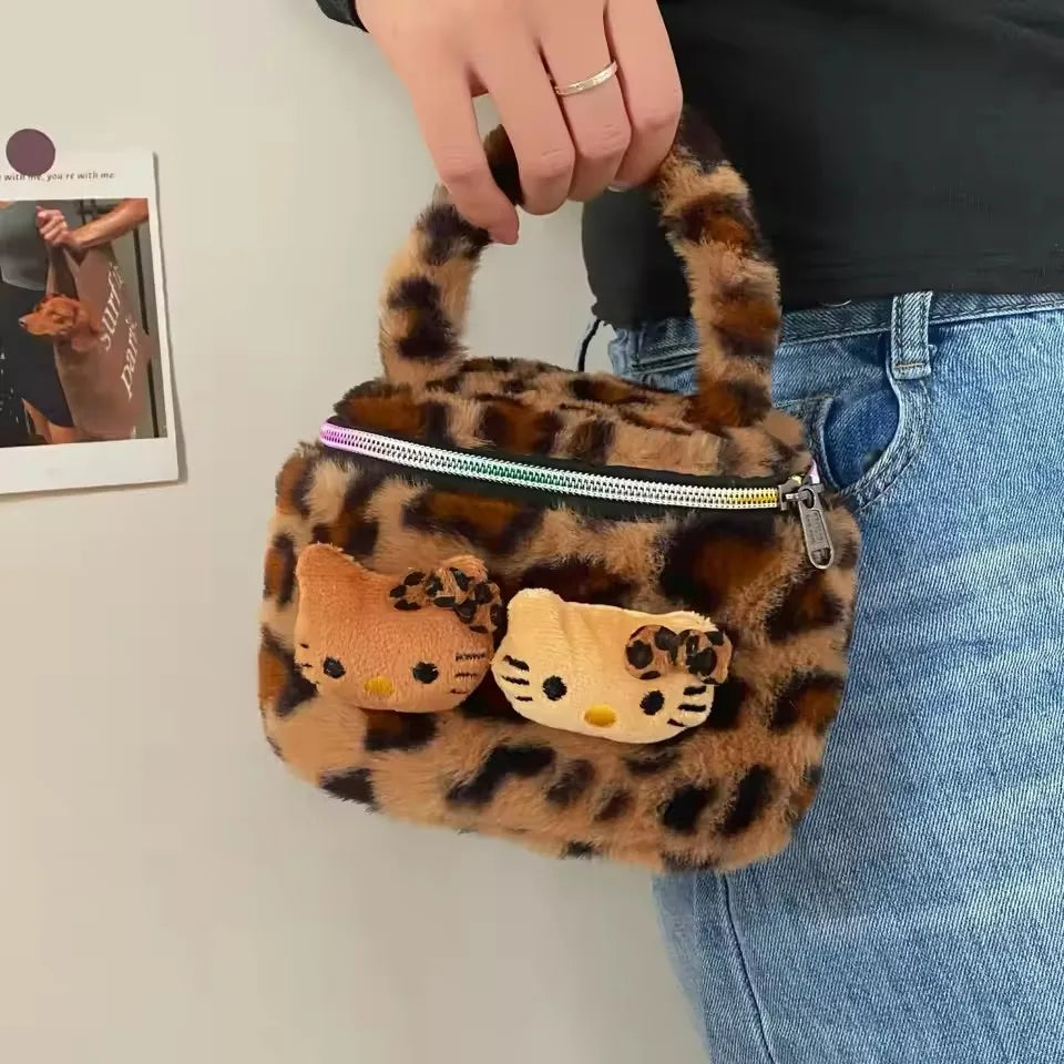 Hello Kitty Leopard Black Leather Makeup Bag Large Capacity Travel Pouch