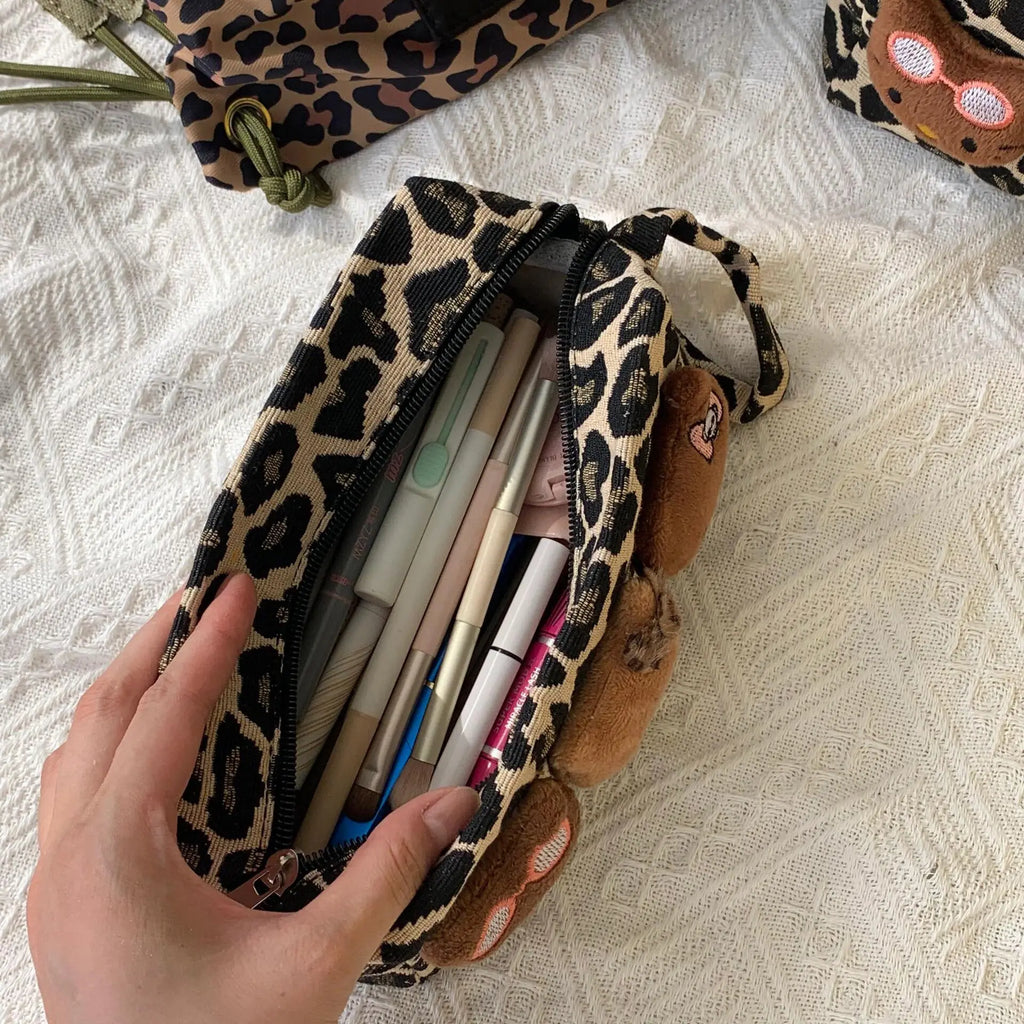 Hello Kitty Leopard Black Leather Makeup Bag Large Capacity Travel Pouch