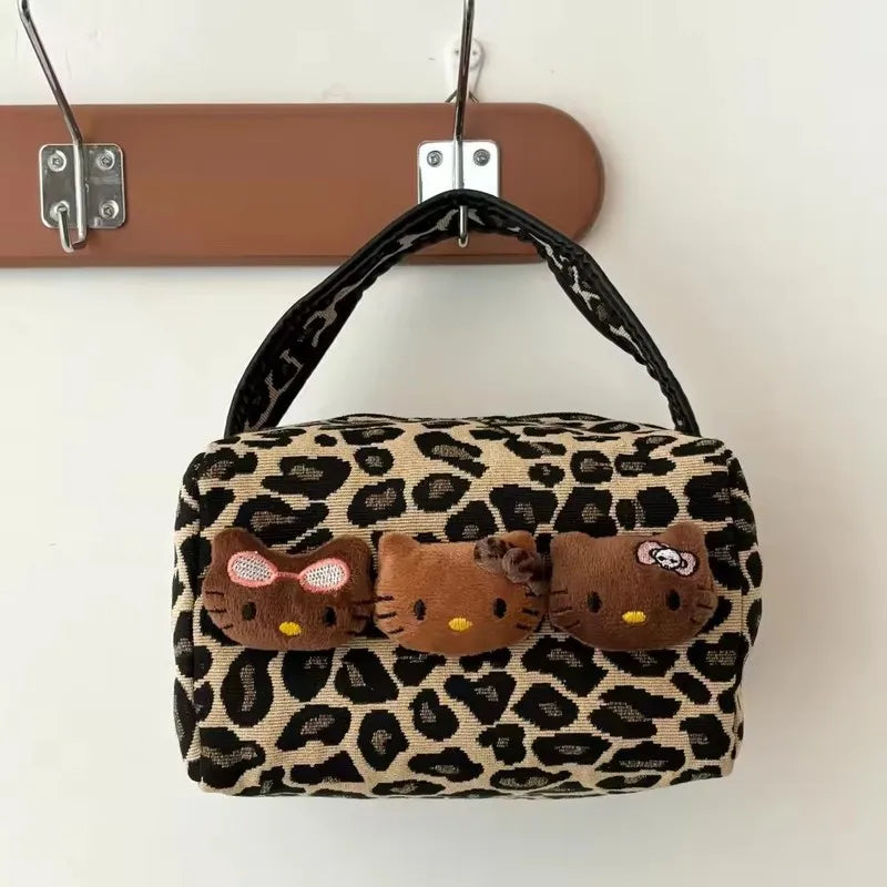 Hello Kitty Leopard Black Leather Makeup Bag Large Capacity Travel Pouch
