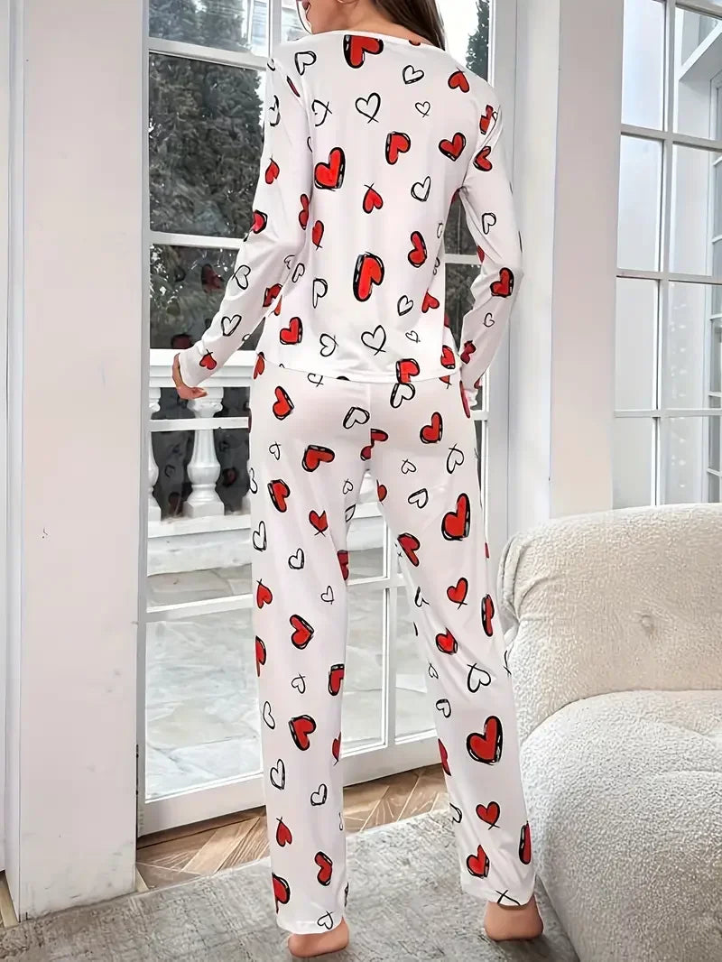Cozy Women Heart Pajama Set Winter Sleepwear