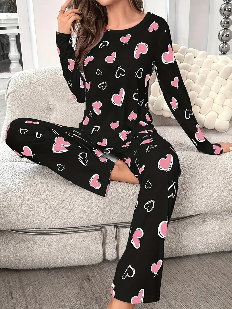 Cozy Women Heart Pajama Set Winter Sleepwear