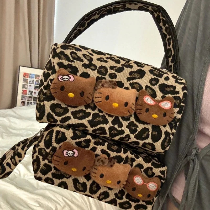Hello Kitty Leopard Black Leather Makeup Bag Large Capacity Travel Pouch