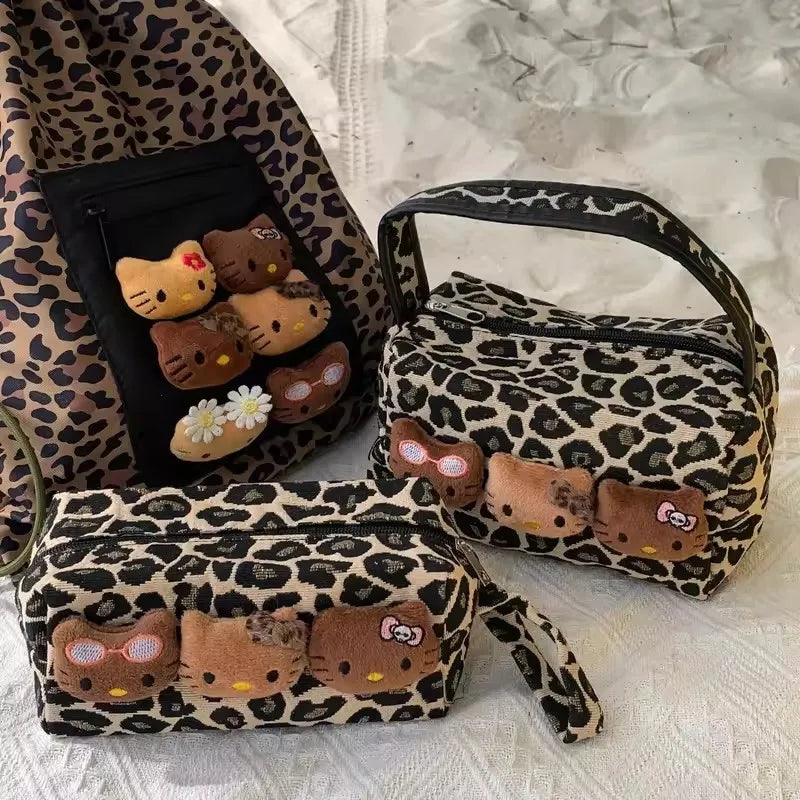 Hello Kitty Leopard Black Leather Makeup Bag Large Capacity Travel Pouch